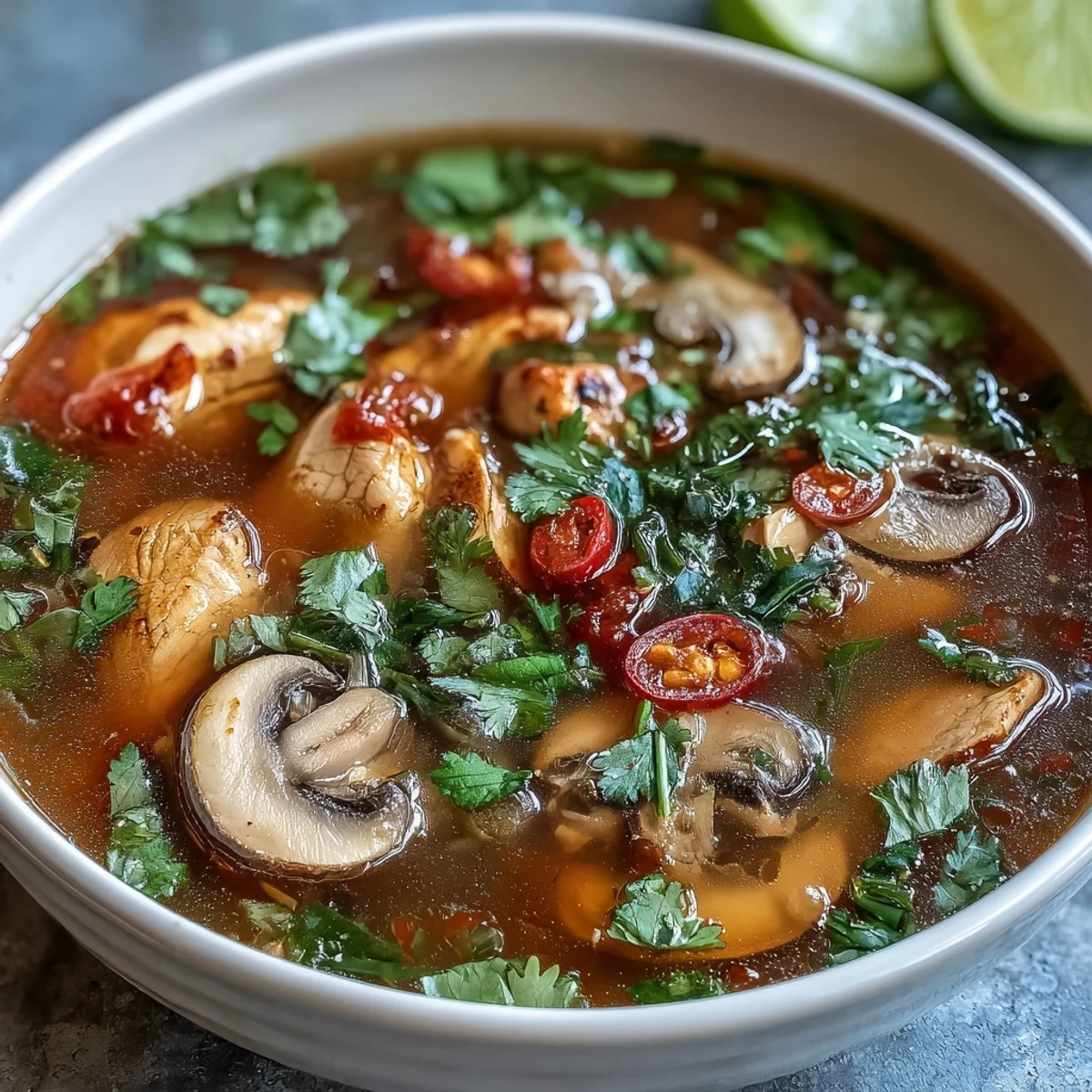 A steaming bowl of Tom Yum Gai soup features tender chicken, tomatoes, and mushrooms in a vibrant, aromatic red broth.