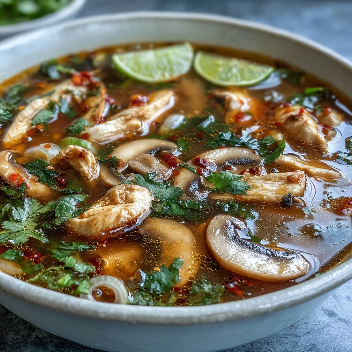 Close-up of Tom Yum Gai highlighting fresh Thai chiles and lemongrass in the rich, flavorful broth.