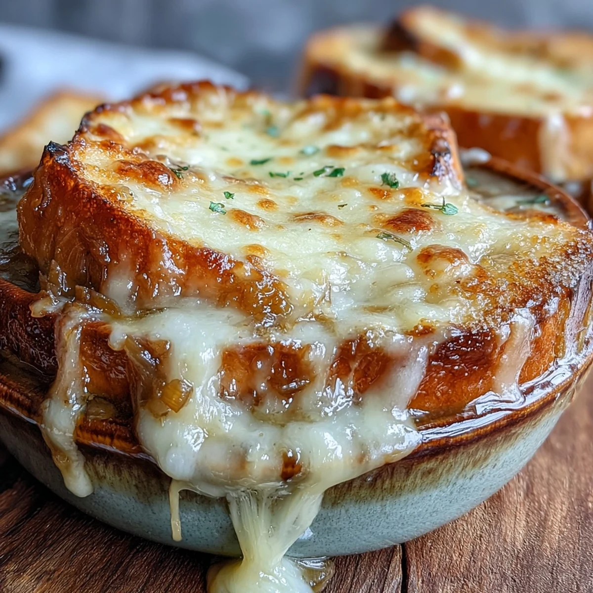 Golden-brown French Onion Soup bubbling in an oven-safe bowl, topped with toasted bread and melted Gruyère cheese.