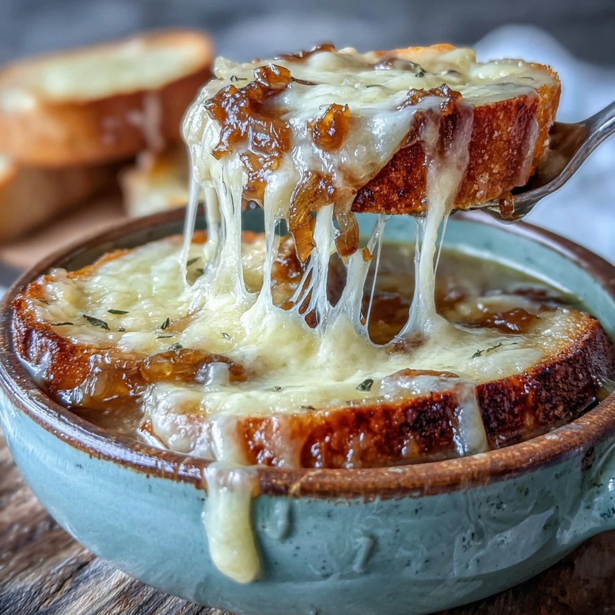 A classic French Onion Soup served in a rustic ceramic bowl, featuring a rich beef broth and toasted bread topping.