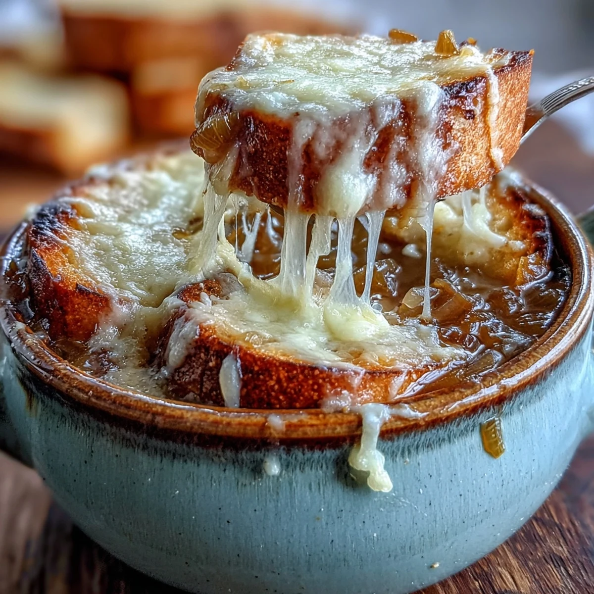 Melted Gruyère stretches from a slice of crusty bread atop a steaming bowl of homemade French Onion Soup.