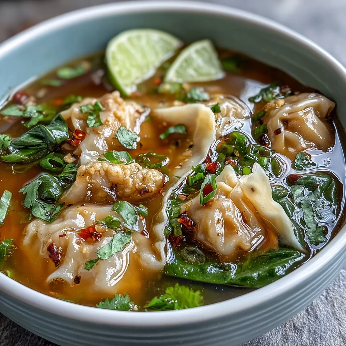 Fragrant Tom Yum Wonton Soup steaming in a bowl, garnished with fresh cilantro and lime wedges.