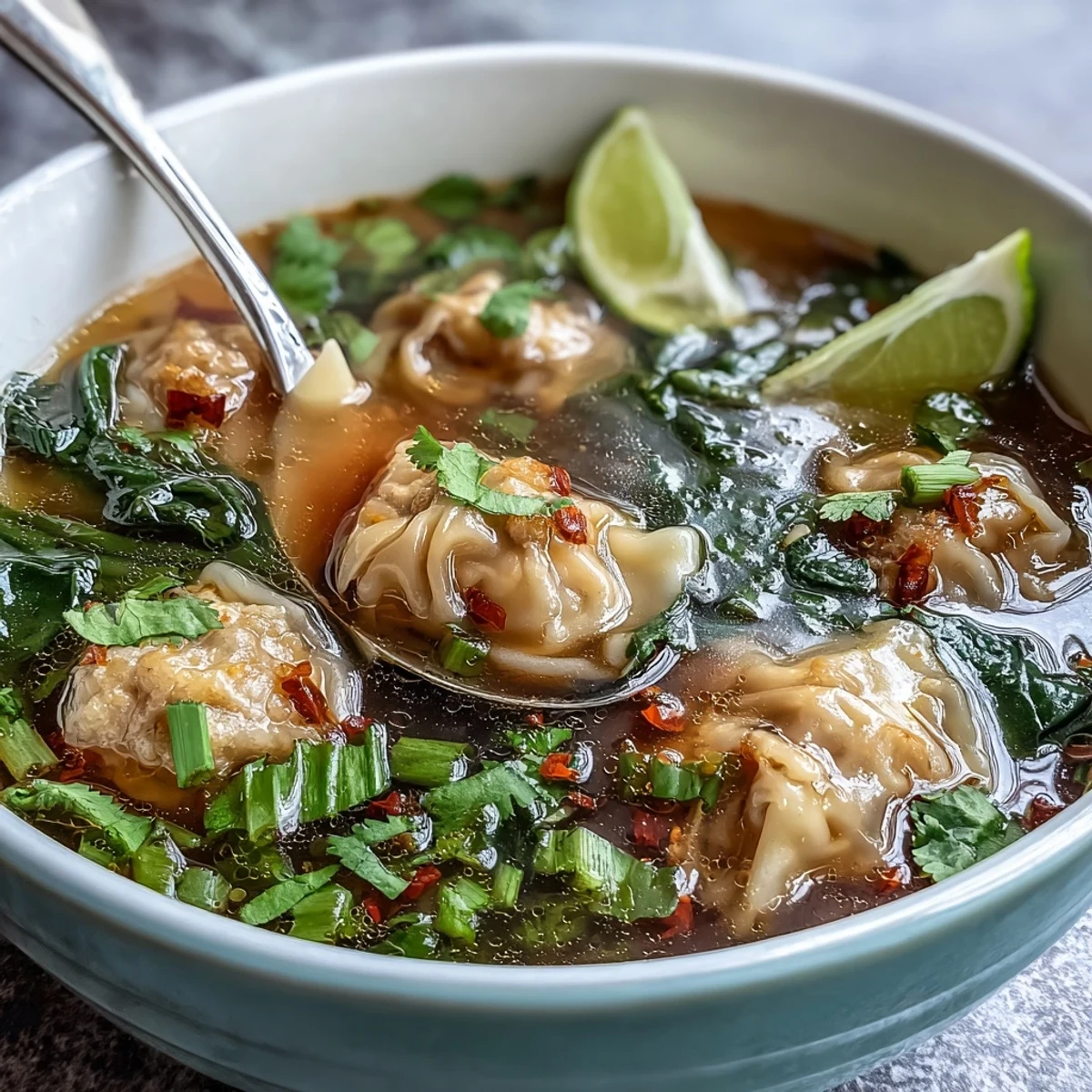 Spoon lifting a tender pork wonton from tangy Tom Yum Wonton Soup with fresh herbs.