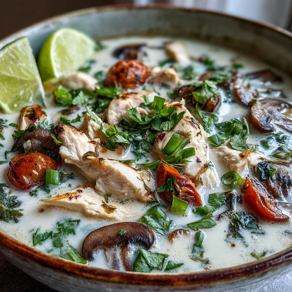 Steaming Best Ever Tom Kha Gai Soup in a bowl with mushrooms, chicken, and fresh herbs.