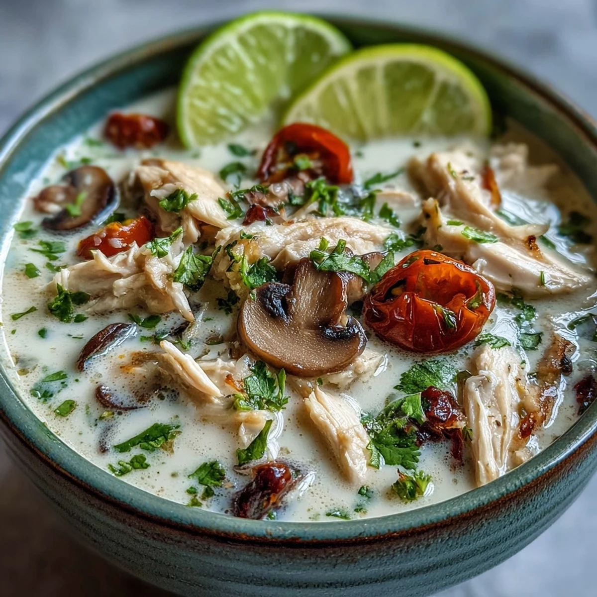 Close-up of Best Ever Tom Kha Gai Soup featuring tender chicken slices and vibrant chili garnish.