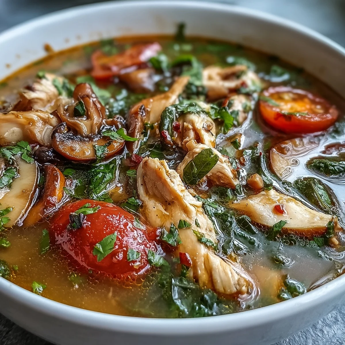 Close-up of Tom Yum Chicken soup in a white bowl, featuring tender chicken pieces and vibrant red tomatoes amidst a clear, aromatic broth.