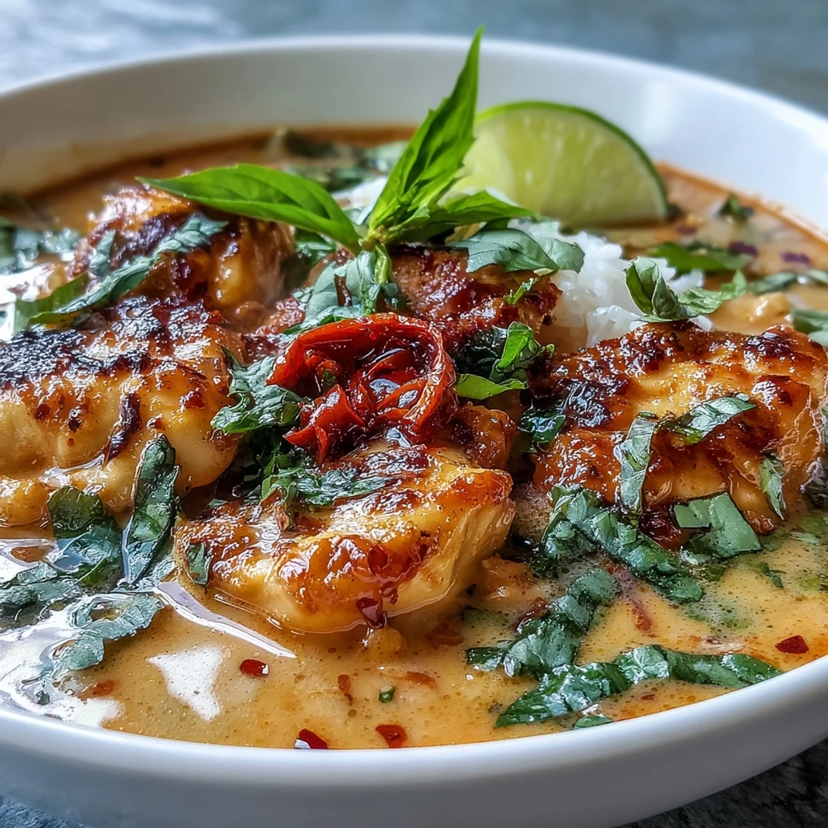 A close-up of Thai Chicken Coconut Curry Soup with shiitake mushrooms, vibrant vegetables, and a rich coconut red curry broth.