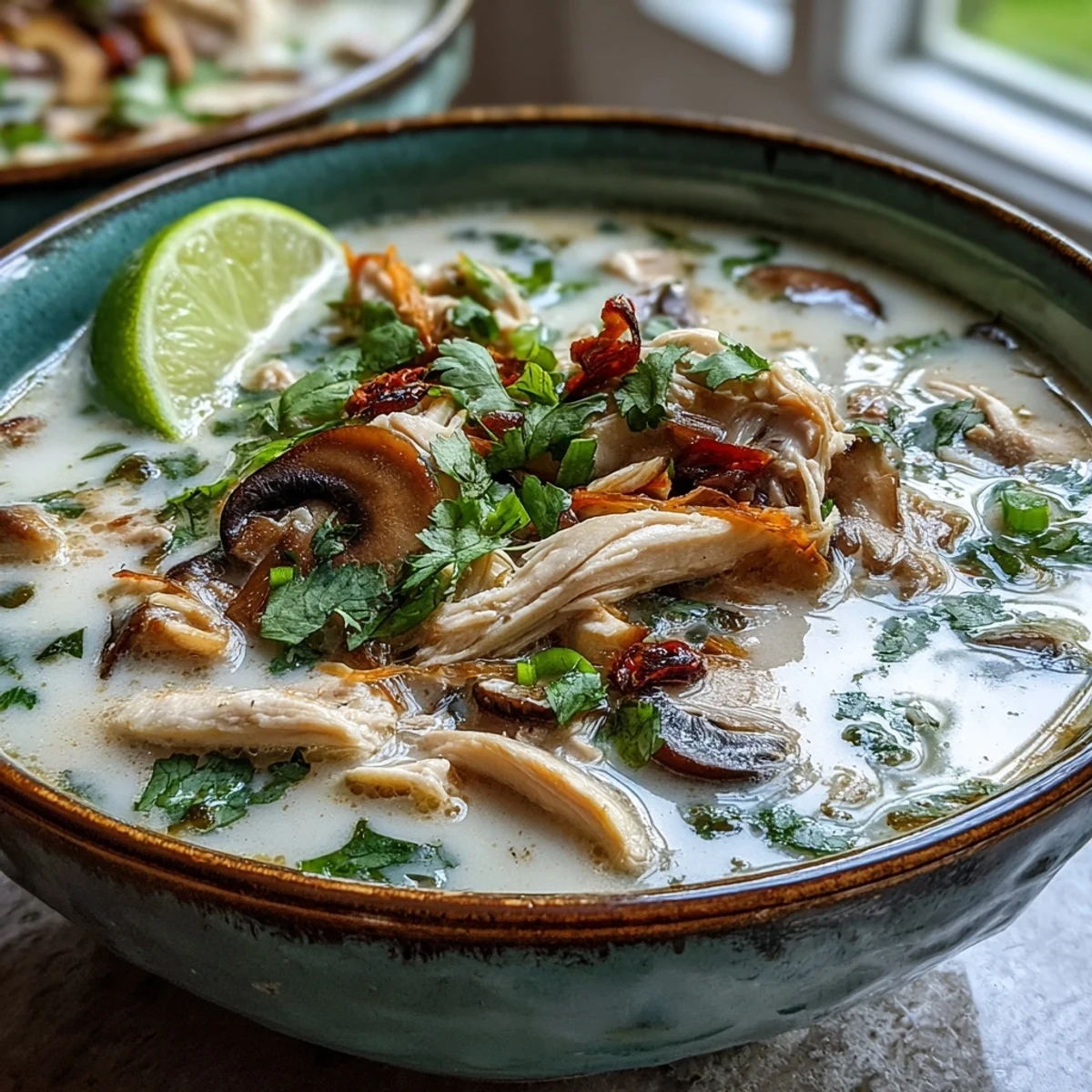 Spicy Authentic Tom Kha Gai served hot with lime wedges and fresh cilantro, a classic Thai comfort food.