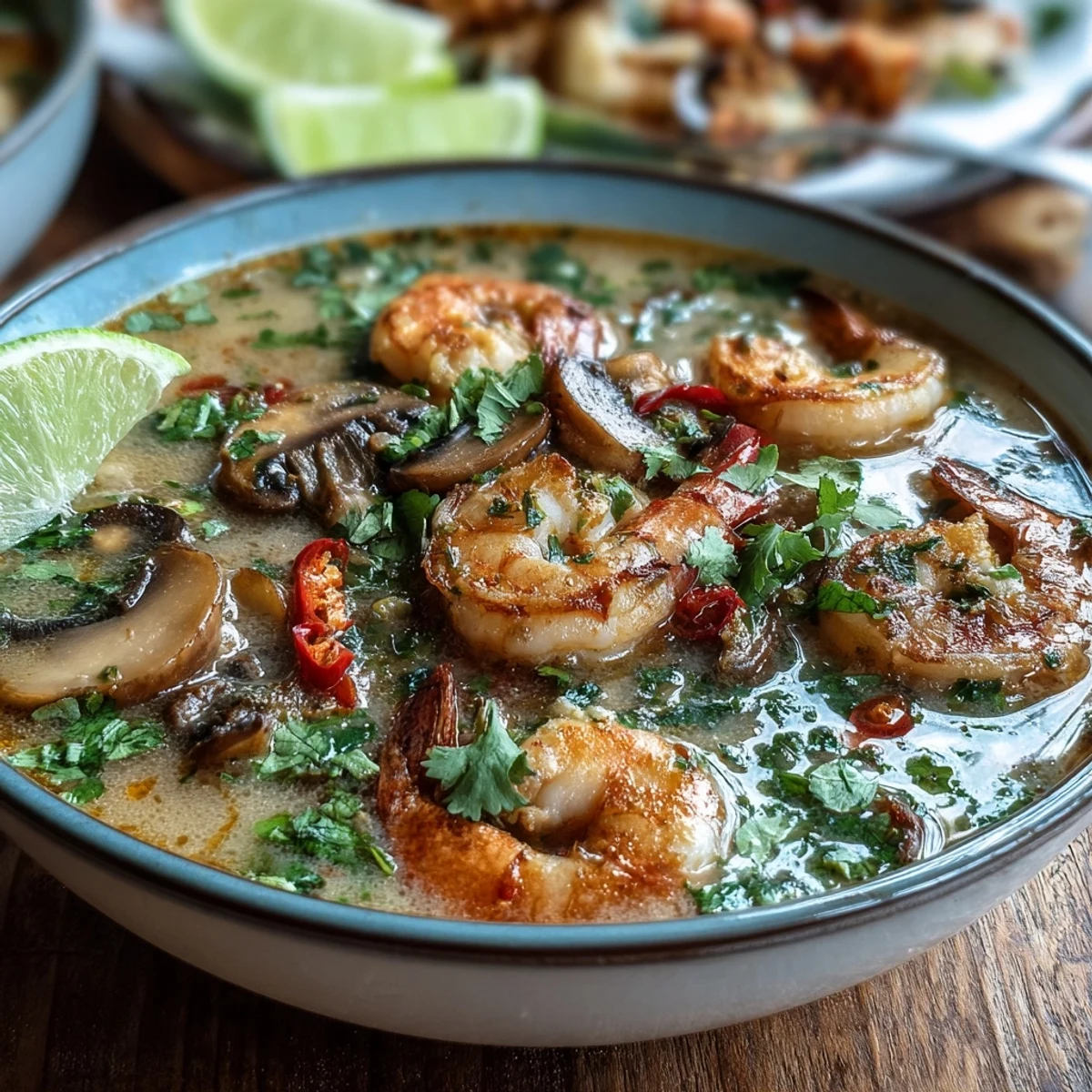 Thai Coconut Shrimp Soup served steaming hot in a rustic bowl, garnished with cilantro and lime wedges for a bright, fresh finish.