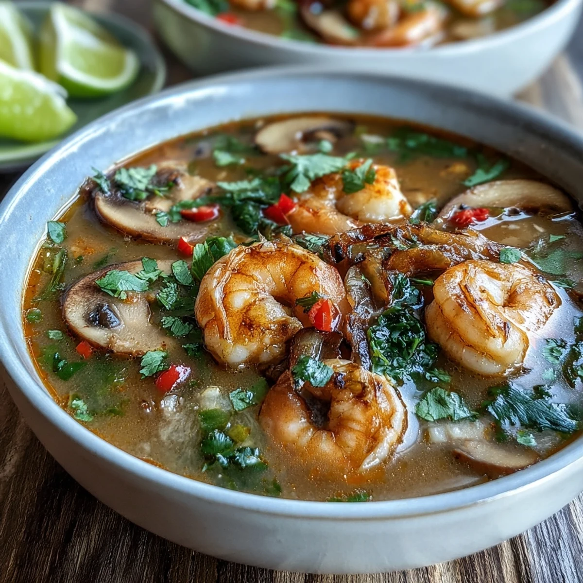 Thai Coconut Shrimp Soup bubbling in a pot with red curry paste, coconut milk, and sautéed aromatics for a fragrant broth.
