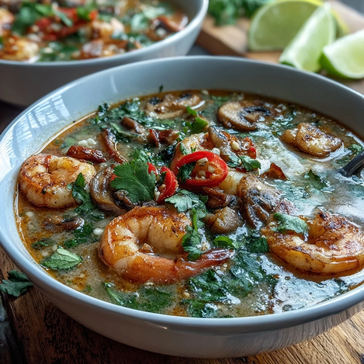 Thai Coconut Shrimp Soup with tender shrimp and mushrooms, ready to enjoy with fresh herbs and a squeeze of zesty lime.