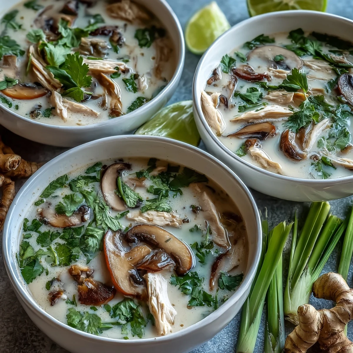 Creamy Tom Kha Soup with tender chicken and mushrooms in a fragrant coconut broth, garnished with fresh cilantro.