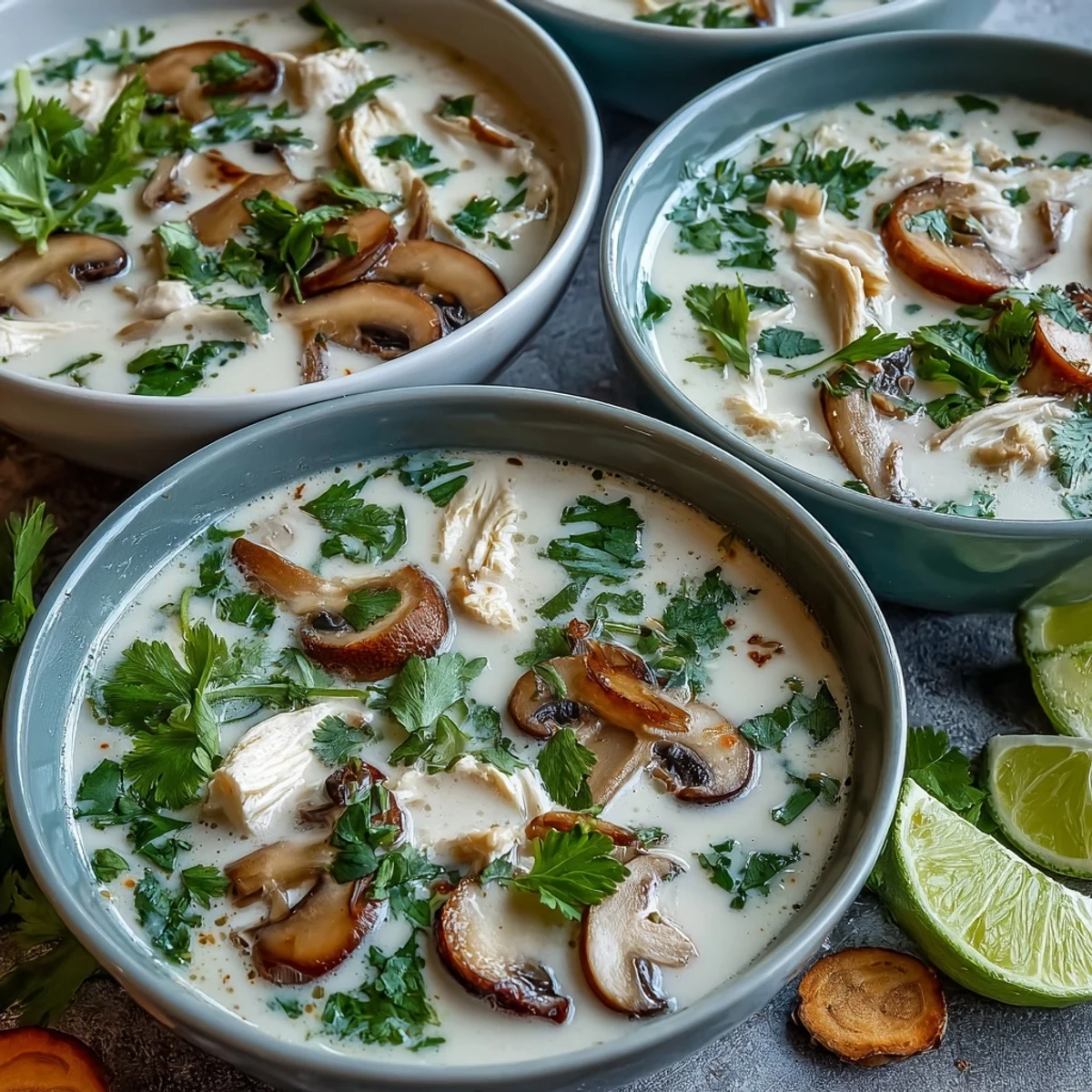 Spicy Tom Kha Soup steaming in a bowl with sliced chicken, mushrooms, and lime wedges on the side.