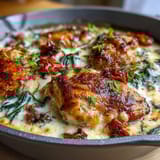 Creamy Tuscan Chicken Skillet with tender chicken in a rich garlic cream sauce, sun-dried tomatoes, and spinach.