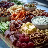 A colorful grad party snack board with sweet and savory bites, perfect for celebrating graduates.