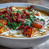 Rich sweet potato soup blended with smoky pancetta and hearty vegetables, garnished with crunchy pancetta bits.  