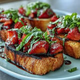 Close-up of vibrant Strawberry Balsamic Bruschetta on grilled sourdough, perfect for summer entertaining.