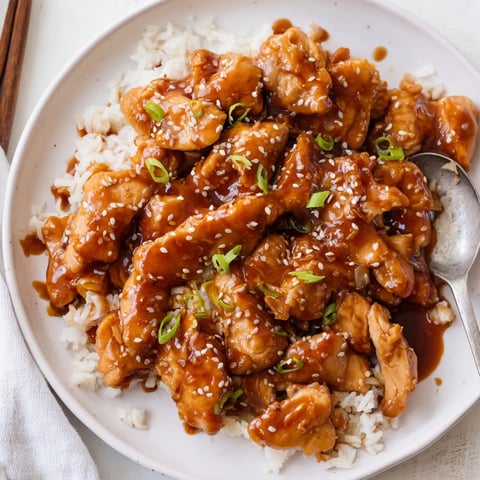 Close-up of glistening Slow Cooker Honey Garlic Chicken served over fluffy white rice.