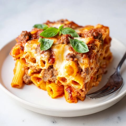 Baked Ziti with Italian Sausage topped with melted cheese and fresh basil leaves.
