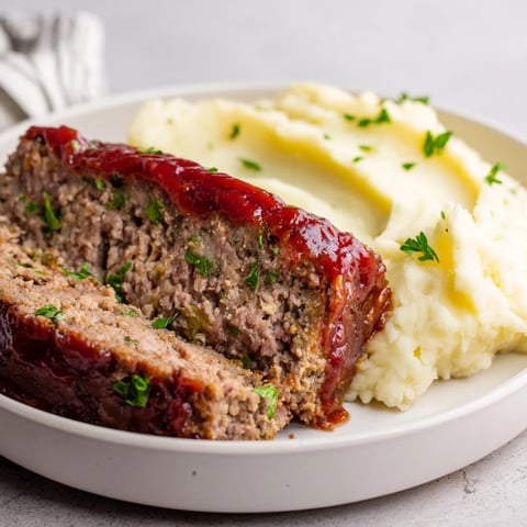 Classic meatloaf with mashed potatoes, served warm, bursting with savory flavors.