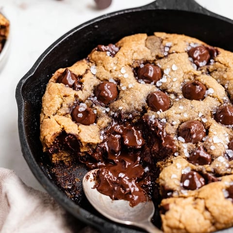 Gooey Chocolate Chip Skillet Cookie, fresh from the oven, oozing with melted chocolate.  
