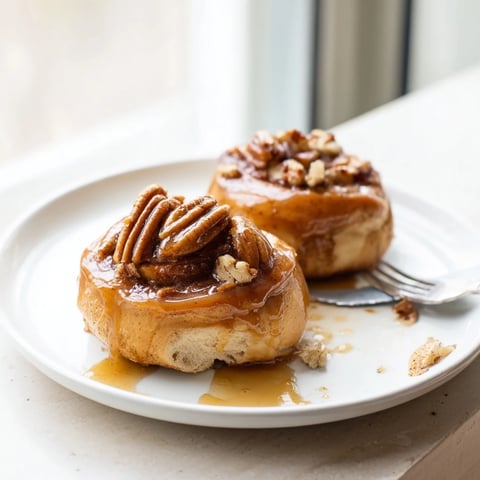 Buttery maple pecan sticky buns drizzled with caramel, perfect for brunch gatherings.  