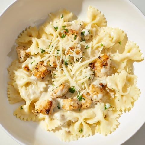 Golden-brown mozzarella garlic butter chicken bowties, a creamy and cheesy Italian-American main dish.