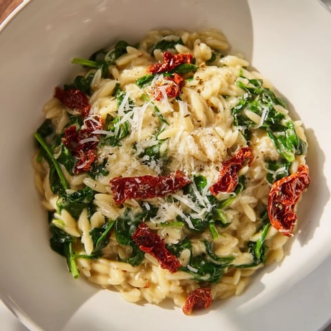 Creamy Tuscan Orzo Bowl with sun-dried tomatoes, a comforting vegetarian pasta dish ready to eat.