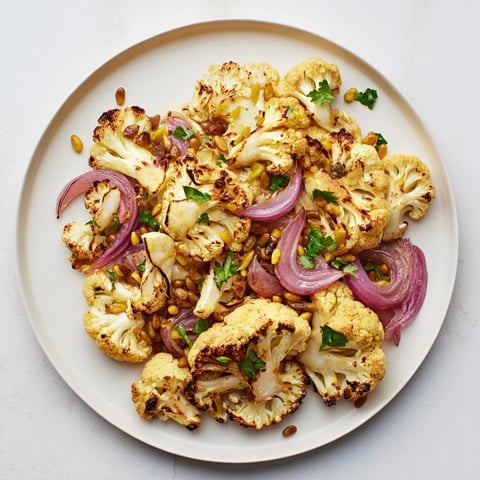 Golden roasted cauliflower salad with a bright, zesty lemon pine-nut dressing, ready to enjoy.