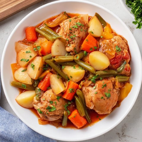 Steaming, savory Slow-Cooker Chicken & Vegetable Stew, a comforting one-pot meal, garnished with fresh parsley.