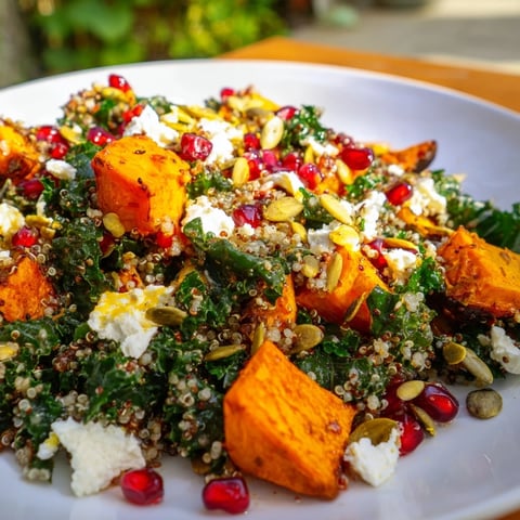 Vibrant bowl of Kale & Quinoa Salad features roasted sweet potatoes, a lemon dressing, and fresh ingredients.