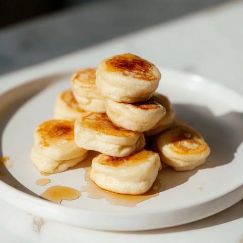 Golden mini pancake cereal swimming in milk, a fun and delicious American breakfast idea.