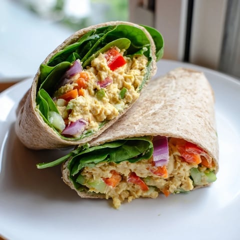 Creamy chickpea salad wraps ready to eat, bursting with fresh veggies and flavorful spices in a whole wheat wrap.