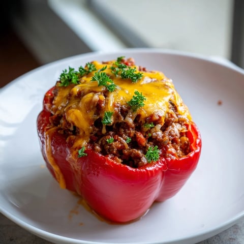 Steaming hot Sloppy Joe Stuffed Peppers overflowing with a saucy meat filling, ready to serve and enjoy.