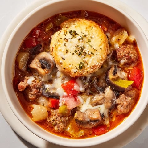 Pizza Pot Pie Soup mashup bubbling hot, with melted cheese and a golden crust topping.