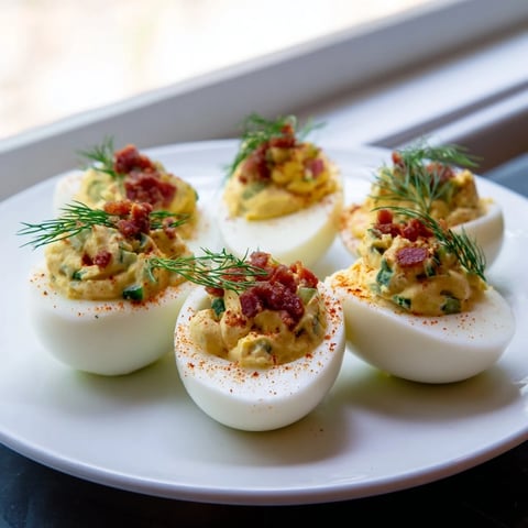 Loaded deviled eggs, a classic appetizer, beautifully garnished with paprika, bacon, and fresh dill.