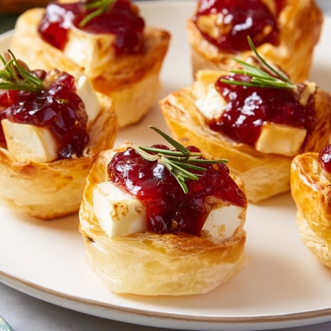 Warm, bubbling Cranberry Brie Bites with golden pastry, a perfect appetizer for a cozy party, ready to serve.