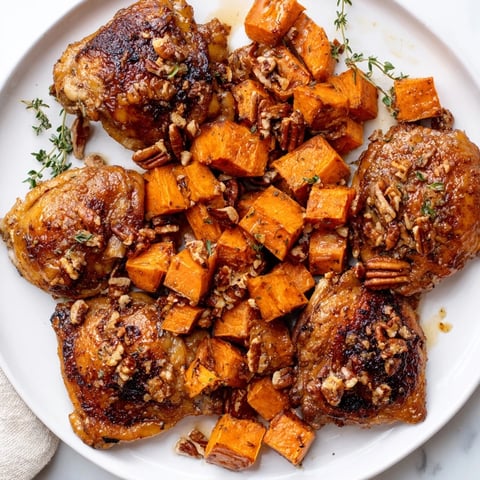 Golden glazed maple chicken thighs alongside roasted sweet potatoes, a delicious one-pan dinner.