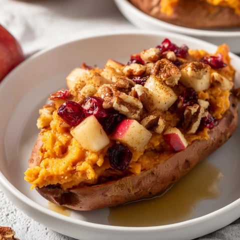 Golden, twice-baked Cranberry Apple Sweet Potatoes, overflowing with a spiced apple-cranberry filling, ready to serve.