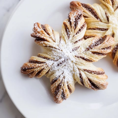 Golden Express Nutella Puff Pastry Snowflakes, dusted with powdered sugar and invitingly appealing.