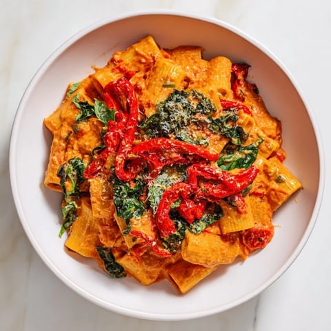 Festive Lightened-Up Vodka Rosé Christmas Pasta, vibrant red peppers and spinach in creamy sauce, ready to eat.