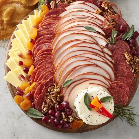 Vibrant Turkey Tail Fan charcuterie board features colorful meats, cheeses, crackers, and fruits, perfect for easy entertaining.