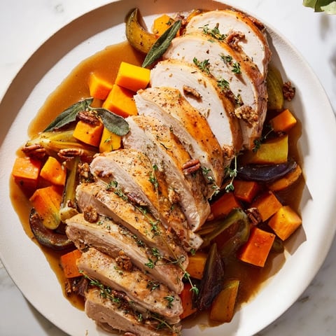 Vibrant image of Chains of the Mayflower: tender turkey, roasted veggies, and rich gravy.