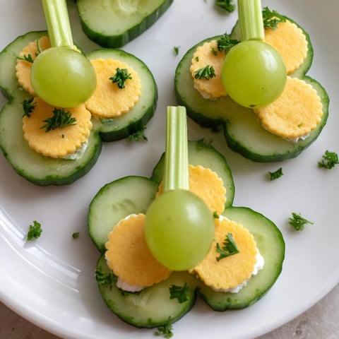 Festive Lucky Four-Leaf Clover Snack arranged with cucumbers, cheese, and grapes for St. Patrick's Day.