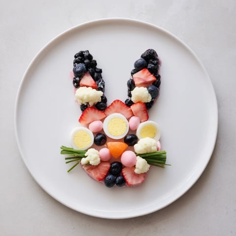 Vibrant bunny silhouette platter filled with fresh fruits and cheeses creates this festive appetizer.