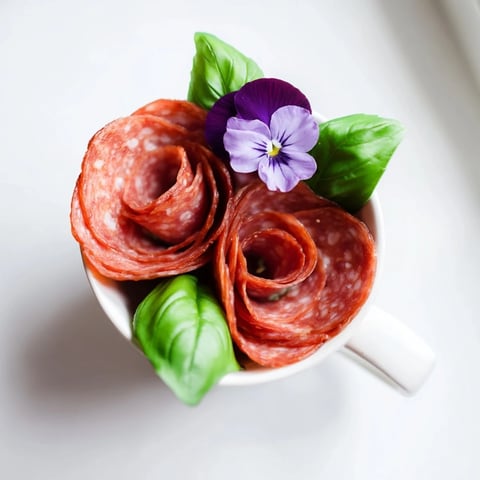 Elegant Victorian Tea Rose appetizer: salami and pepperoni roses nestled in porcelain teacups, ready to serve.
