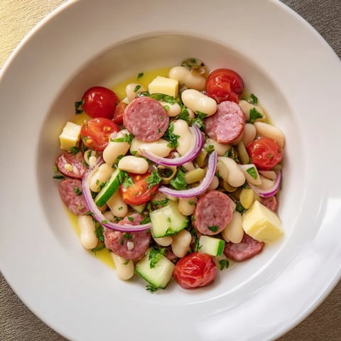 Italian Antipasto Bean Salad, a colorful mix of beans, salami, and veggies, drizzled with zesty dressing.