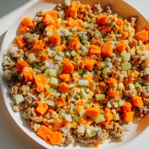 Vibrant buffalo chicken bean salad with bright vegetables and creamy, tangy blue cheese.