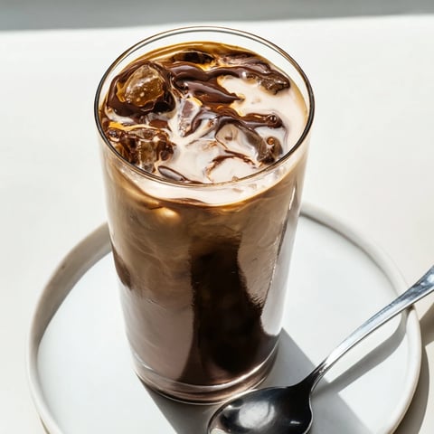 Chocolate Cracking Iced Latte, a visually delightful layered iced coffee with a crisp chocolate topping.