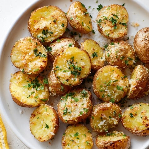 Golden, ultra-crispy Garlic Parmesan Potatoes, a flavorful side dish ready for sharing.